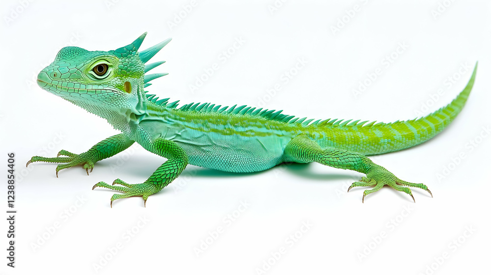 Naklejka premium Green Basilisk Lizard on White Background. Perfect for reptile books, websites, or pet store advertising