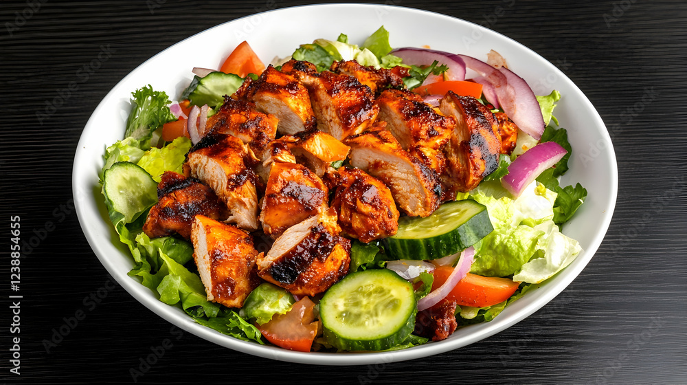 Grilled chicken salad with vegetables, healthy lunch, dark wood background, food photography for restaurant menu Grilled chicken salad with vegetables, healthy lunch, dark wood background, food photography for restaurant menu