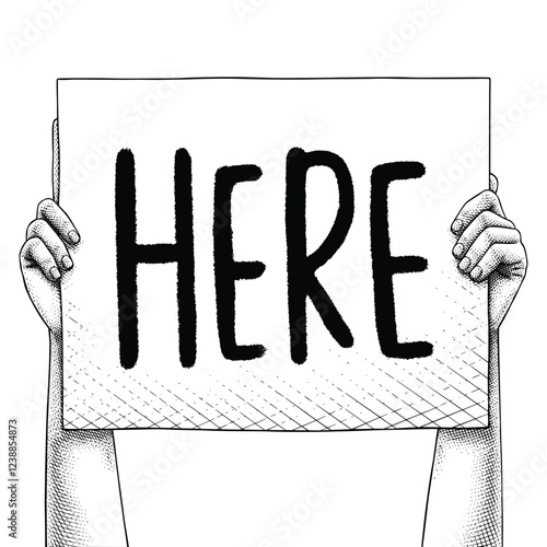 Hand raising a sign that says Here