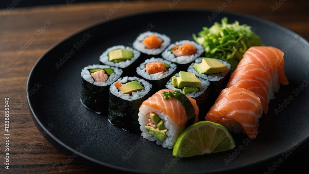 Fresh Sushi Platter with Rolls and Salmon Fresh Sushi Platter with Rolls and Salmon