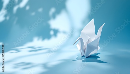 Elegant Origami Crane Paper Bird on Blue Background photo