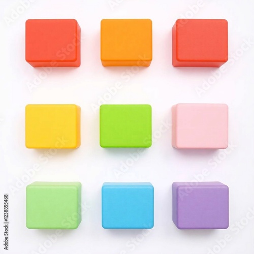 Top-down view of nine children's foam blocks, red, orange, yellow, green, light blue, blue, pink and purple, arranged in a grid
