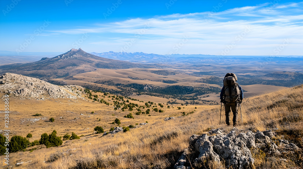 Hiker on mountaintop, vast valley view, sunny day, adventure travel Hiker on mountaintop, vast valley view, sunny day, adventure travel