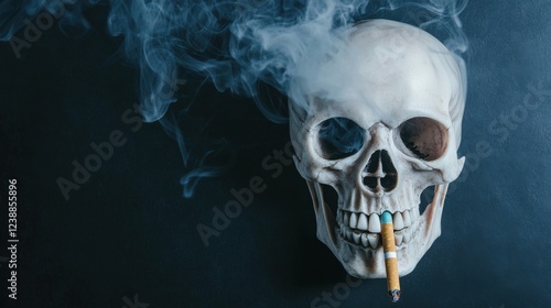 A skull with a cigarette in its mouth, surrounded by smoke, evokes themes of mortality and the effects of smoking. photo