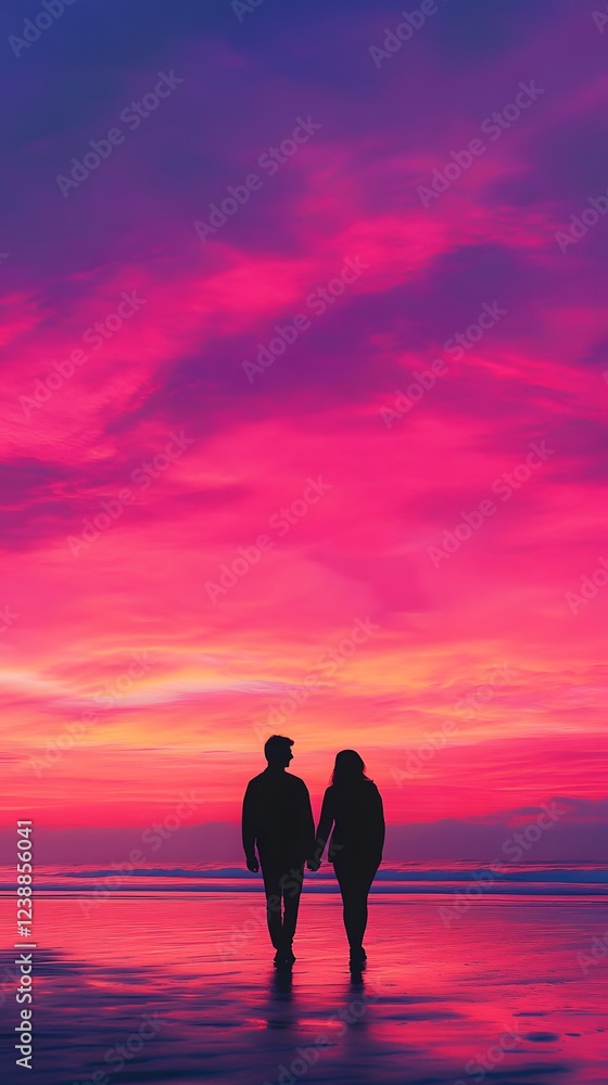 Fototapeta premium Couple Walking on Beach at Sunset with Vibrant Sky Colors
