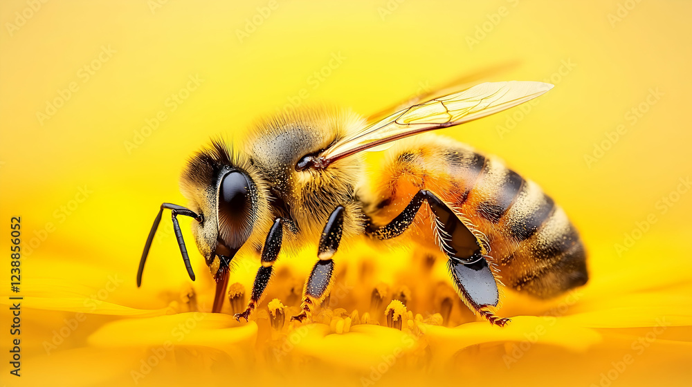 Honeybee pollinating yellow flower, macro shot, blurred yellow background; nature, ecology, environment Honeybee pollinating yellow flower, macro shot, blurred yellow background; nature, ecology, environment