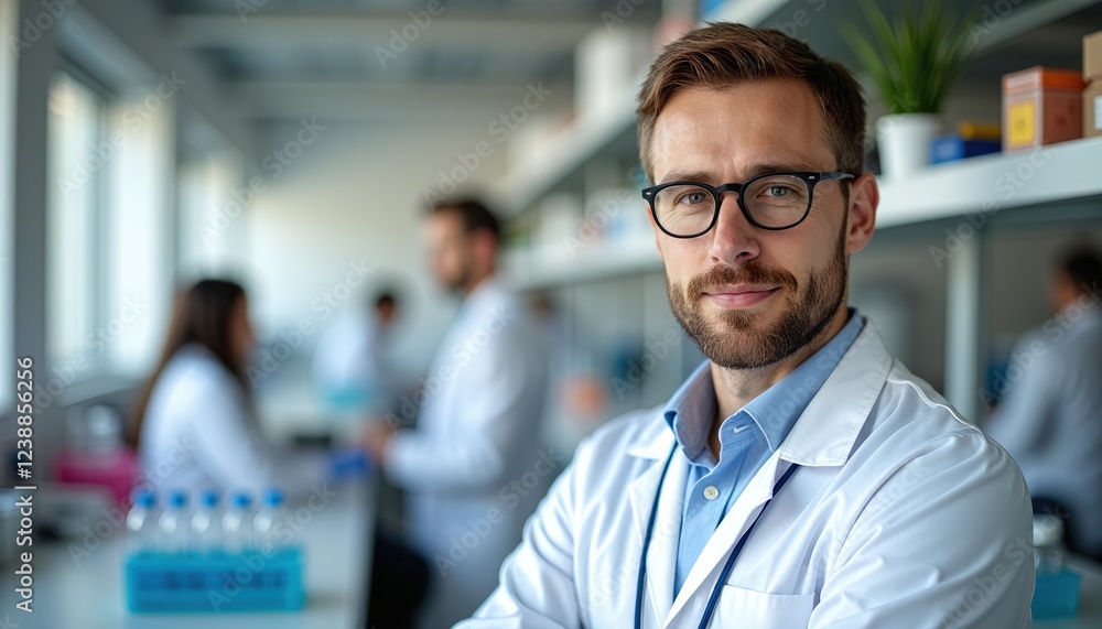 A scientist confidently stands in a laboratory setting, colleagues blurred in the background. A scientist confidently stands in a laboratory setting, colleagues blurred in the background.