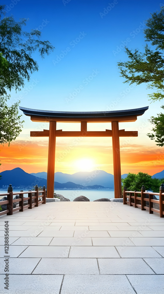 Japanese Torii Gate Sunrise Landscape, Peaceful Coastal Scene, Serenity, Travel Poster Japanese Torii Gate Sunrise Landscape, Peaceful Coastal Scene, Serenity, Travel Poster