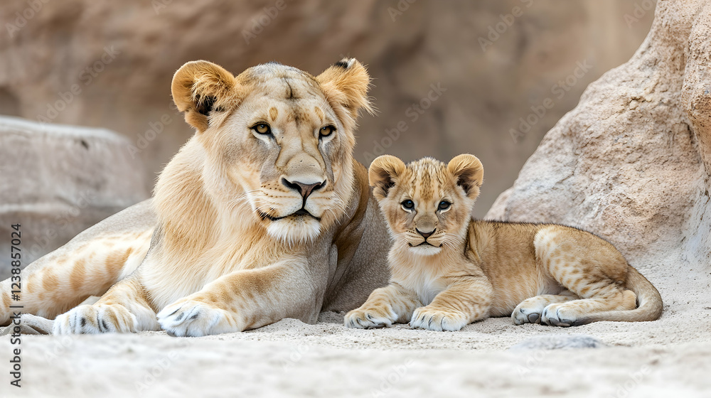 Lioness and cub resting near rocky cave, African savanna background. Ideal for wildlife documentaries Lioness and cub resting near rocky cave, African savanna background. Ideal for wildlife documentaries