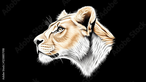 Lioness head profile, wildlife portrait, dark background, nature art, print design photo