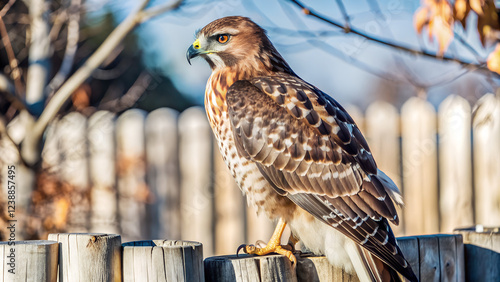 A hawk with a brown and white plumage, featuring a distinctive pattern on its wings and chest photo