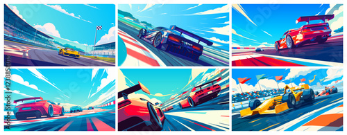 Car race. Cartoon racing driving sport competition stadium with tribuns, racecar vehicle on track set vector illustration