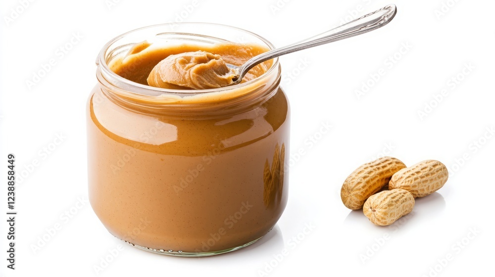 A jar of creamy peanut butter with a spoon, accompanied by whole peanuts, highlighting a delicious and versatile spread. A jar of creamy peanut butter with a spoon, accompanied by whole peanuts, highlighting a delicious and versatile spread.