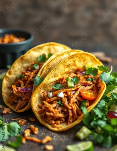 Delicious shredded pork tacos garnish with cilantro, onion, and tomato are ready to eat photo