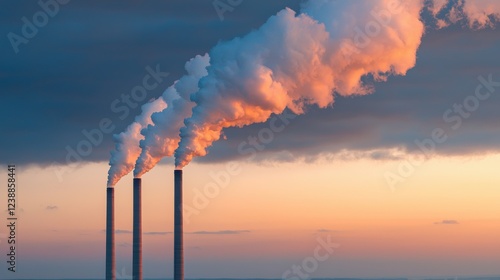 Three smokestacks release clouds of smoke against a colorful sunset, highlighting environmental concerns related to industrial pollution. photo