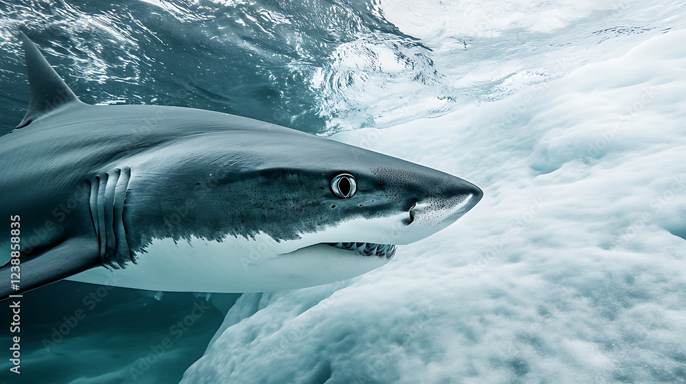 Naklejka premium A close-up shot of a shark swimming near a massive frozen iceberg, with the cold