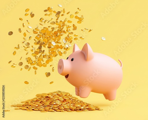 A cheerful piggy bank stands beside a pile of coins, with coins raining down, symbolizing savings and financial growth against a vibrant yellow background.