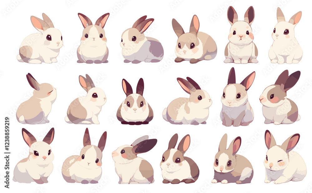 Obraz premium Cartoon bunny. Cute little pet animal sitting poses, rabbit characters spring symbol vector illustration