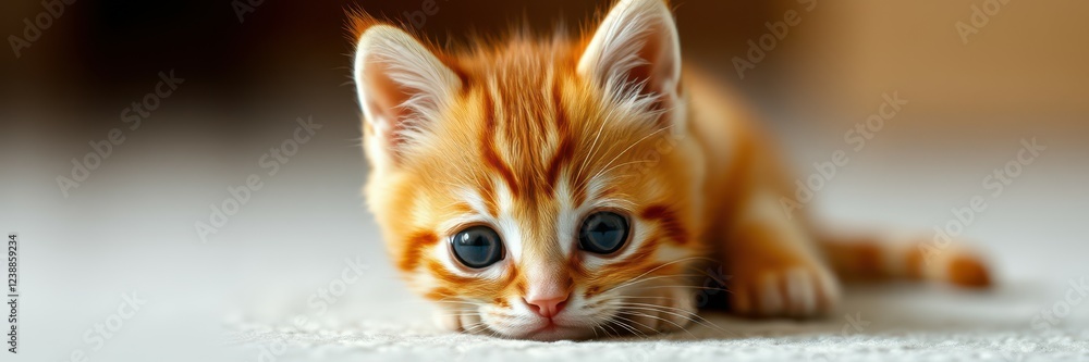 Cute orange kitten exploring a room with curious eyes and playful demeanor on a soft surface Cute orange kitten exploring a room with curious eyes and playful demeanor on a soft surface