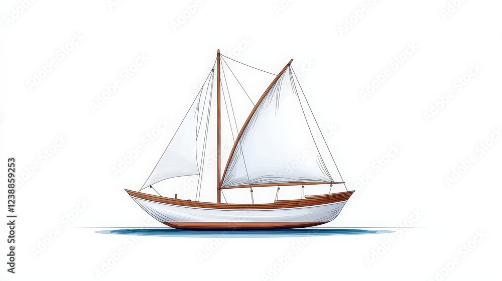 Elegant Sailing Boat with White Sails and Wooden Details on Calm Water Background Elegant Sailing Boat with White Sails and Wooden Details on Calm Water Background