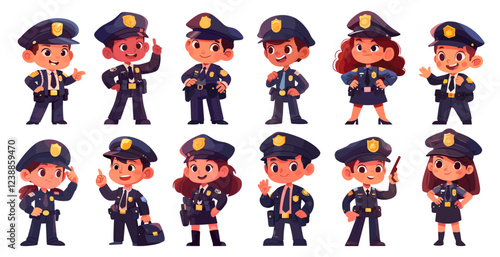 Cartoon children police. Kids boys girls in blue officer uniform, profession pretend play set vector illustration