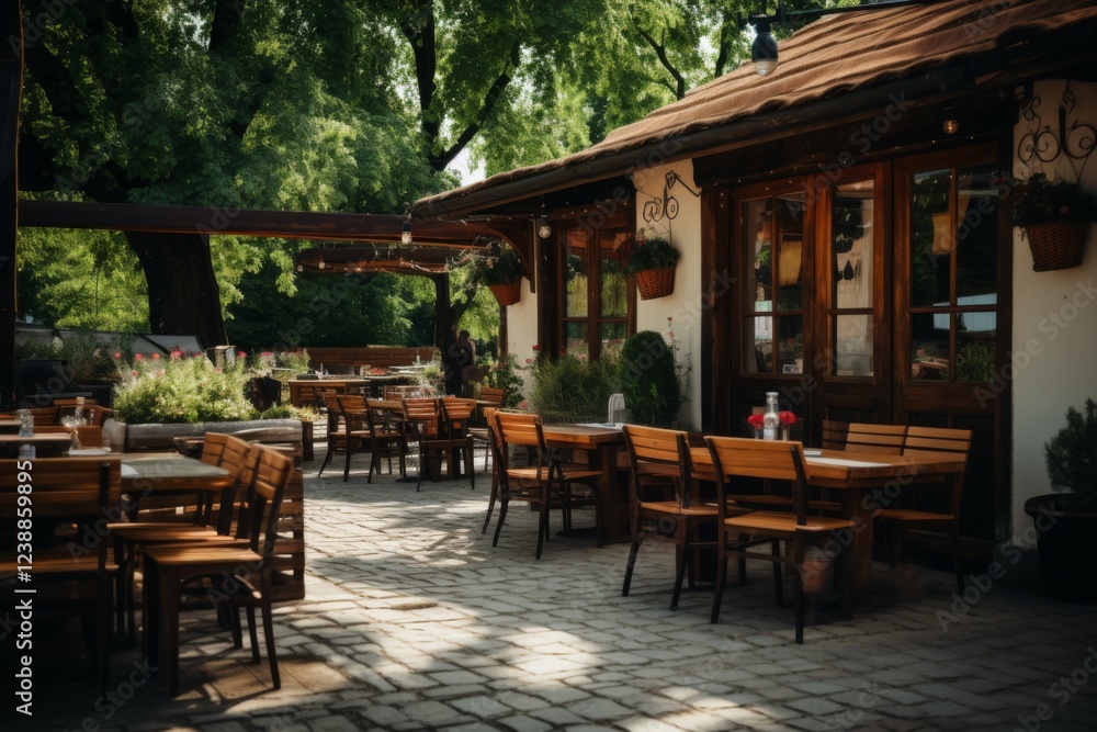 Exterior of a restaurant with wooden tables Exterior of a restaurant with wooden tables