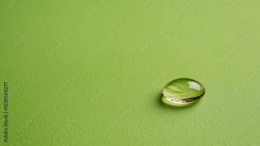 A single water droplet rests on a smooth green surface, highlighting the contrast between the clear liquid and the vibrant color beneath.