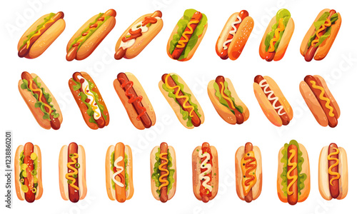 Cartoon hot dogs. Fast food sausage meal with ketchup mustard lettuce, american meal set vector illustration