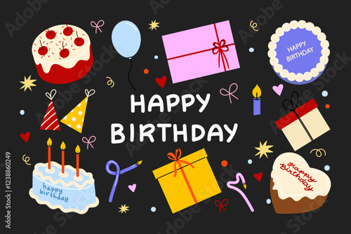 Happy Birthday Cartoon Style Stickers with Cakes, Gifts, Balloons, and Party Elements. Perfect for birthday cards, social media, invitations, stickers, and festive decorations.