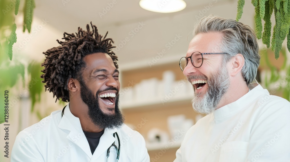 Obraz premium Two Male Doctors Laughing Together in a Medical Setting