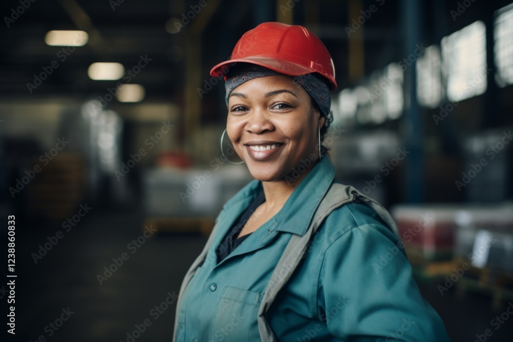 Portrait of a middle aged joyful African American female warehouse worker Portrait of a middle aged joyful African American female warehouse worker