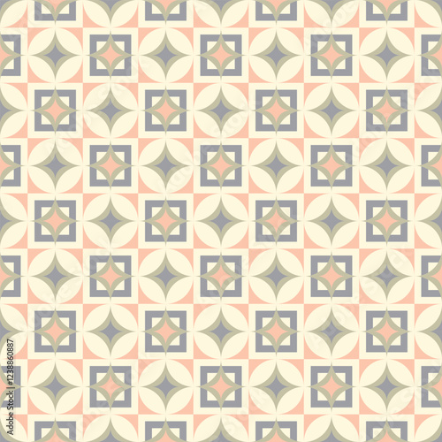 seamless geometric pattern featuring a repeating design of overlapping circles, squares, and triangles in a soft and calming color palette of peach, pink, and grey