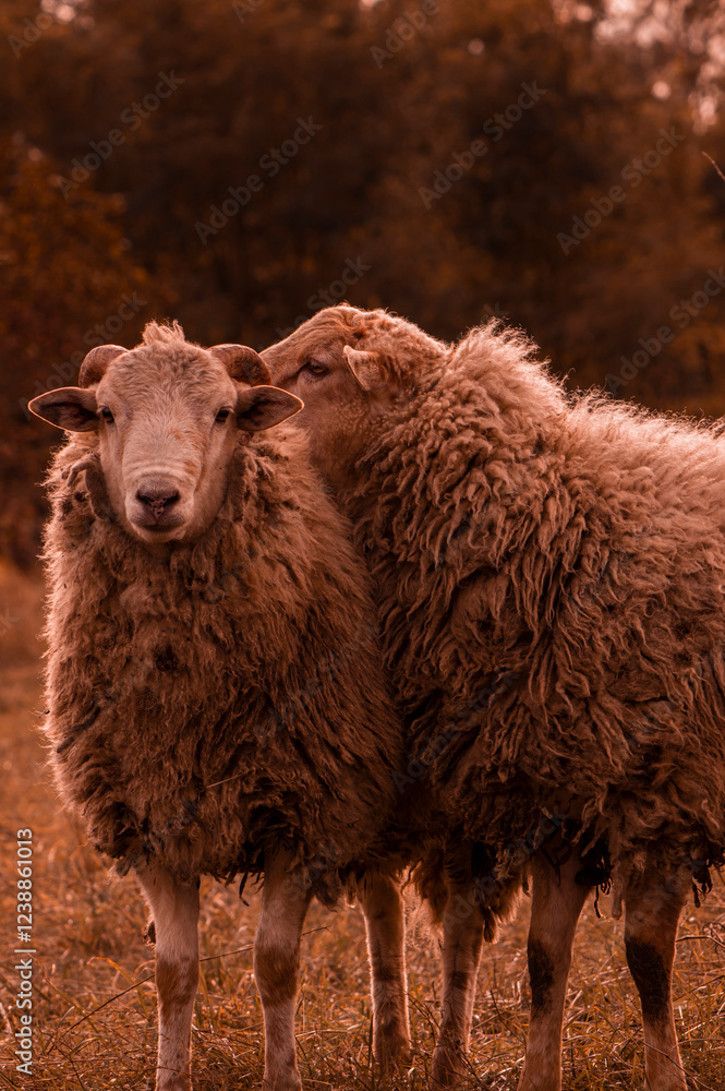 Close-up of a sheep and a ram standing together in natural light. Perfect for farm, agriculture, and rural-themed designs, showcasing livestock in a peaceful setting.