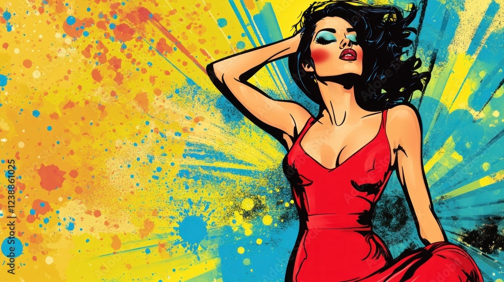 Stylish Woman in Red Dress, Pop Art Style Stylish Woman in Red Dress, Pop Art Style
