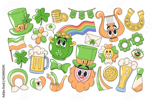 Patrick day groovy elements, treasure, clover symbol and kawai leprechaun character isolated set