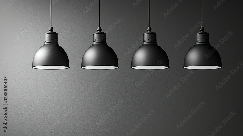 Obraz premium Four Black Pendant Lights Hang Against Dark Gray Wall