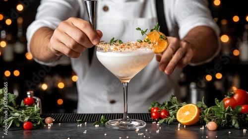 Hands of a bartender pouring a cocktail from a mixing glass, straining it through a sieve into a stemmed glass photo