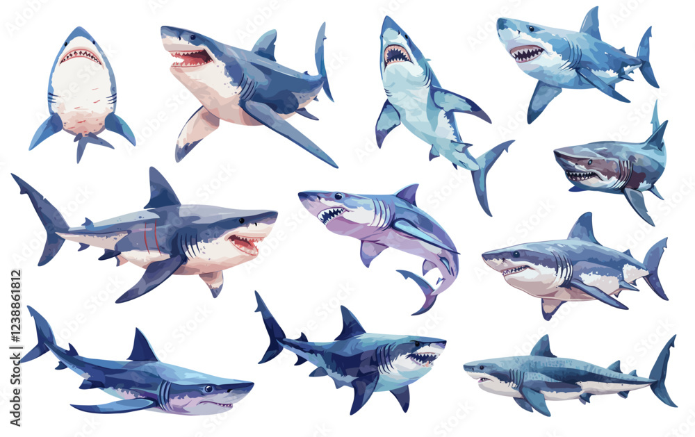 Fototapeta premium Cartoon sharks. Scary fish predator creature with scary jaws, sea underwater animal swimming set vector illustration