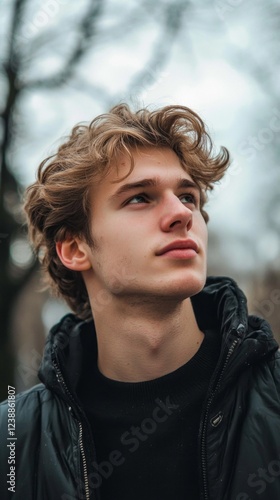 A young man stands in a city park, gazing upward with a thoughtful expression as the cloudy skies hint at an impending rain. His casual style blends well with the serene autumn atmosphere