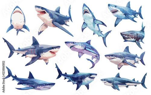 Cartoon sharks. Scary fish predator creature with scary jaws, sea underwater animal swimming set vector illustration