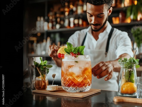 Hands of a bartender pouring a cocktail from a mixing glass, straining it through a sieve into a stemmed glass photo