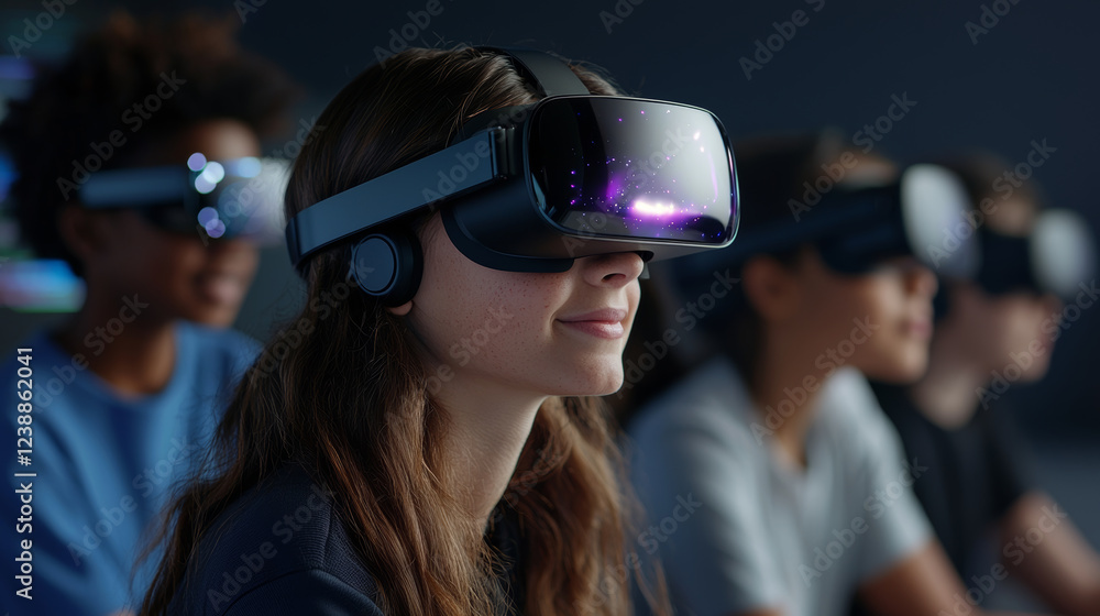 Diverse students engaged in virtual reality experience, showcasing technology and excitement Diverse students engaged in virtual reality experience, showcasing technology and excitement