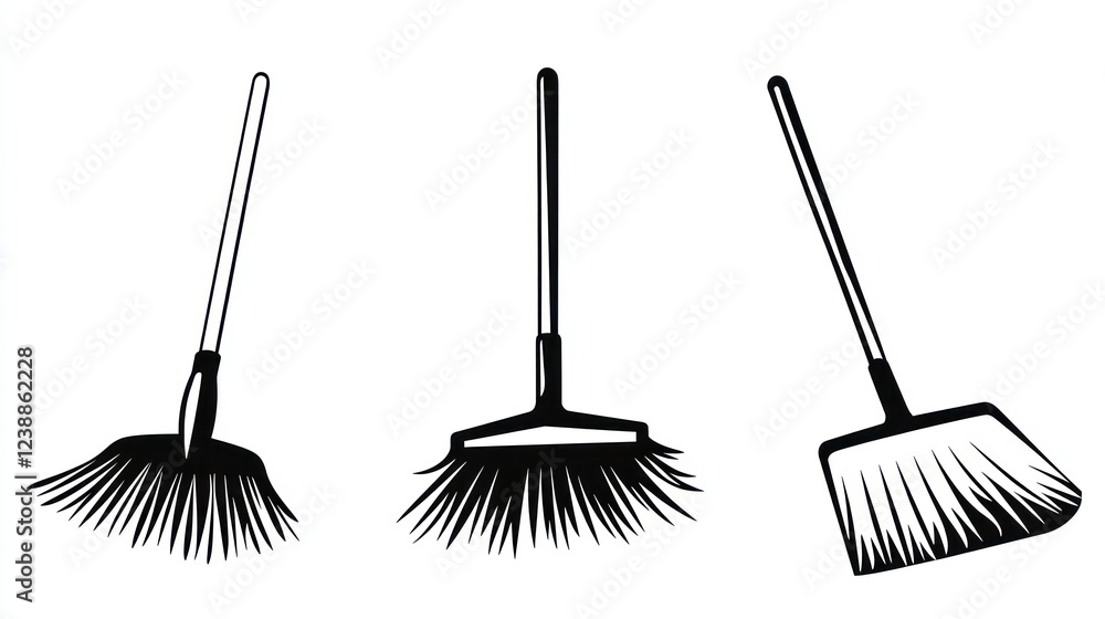 Three cleaning brooms isolated on white background, for cleaning supplies website Three cleaning brooms isolated on white background, for cleaning supplies website