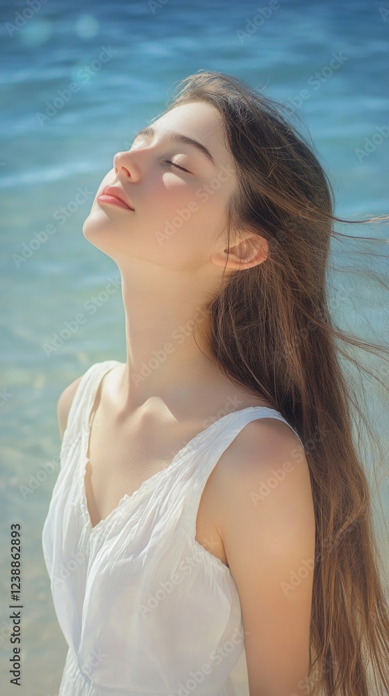 Beautiful young woman with long hair on the beach, Beautiful young woman with long hair on the beach,