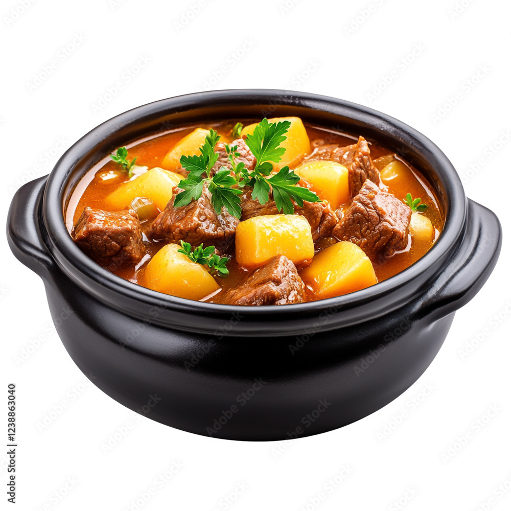 Delicious beef stew with potatoes and fresh herbs in a pot. Delicious beef stew with potatoes and fresh herbs in a pot.
