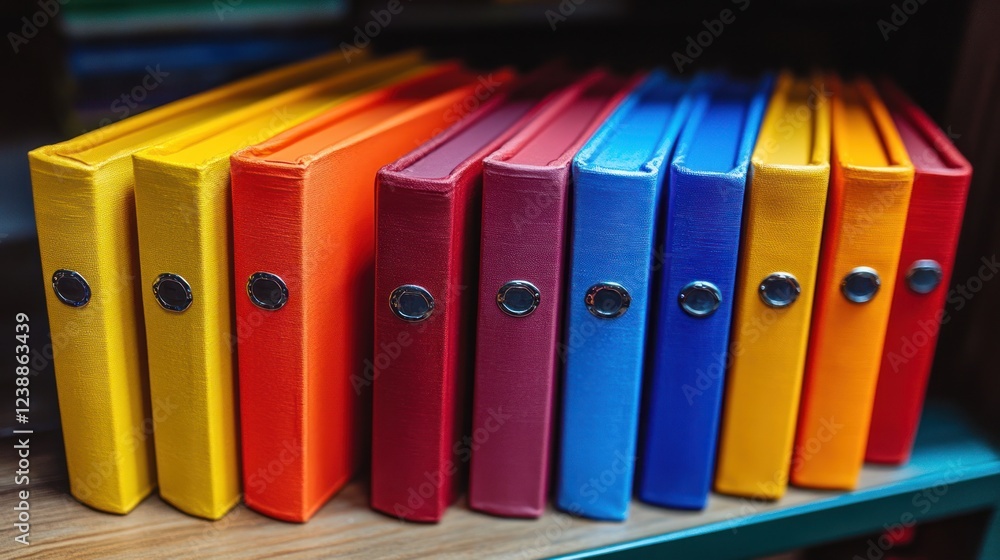 Fototapeta premium Colorful books with metallic fasteners on a shelf.