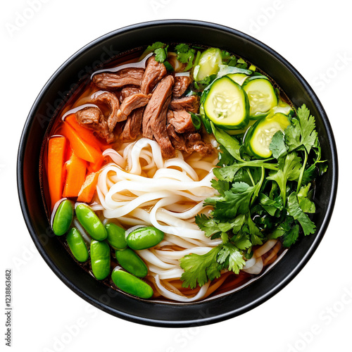 Delicious bowl of noodle soup with fresh ingredients. photo