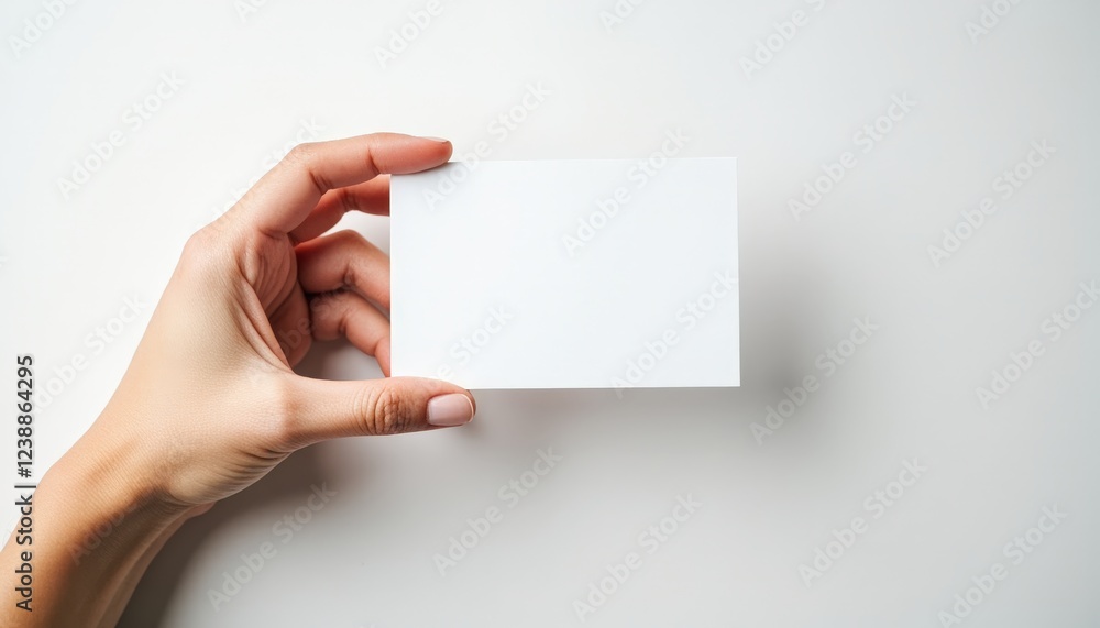A hand delicately holds a blank white card, offering space for your message or design. A hand delicately holds a blank white card, offering space for your message or design.