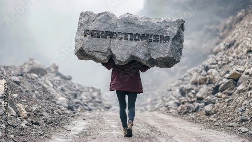 Person carrying a massive rock labeled perfectionism symbolizing the burden and pressure of high personal standards.
