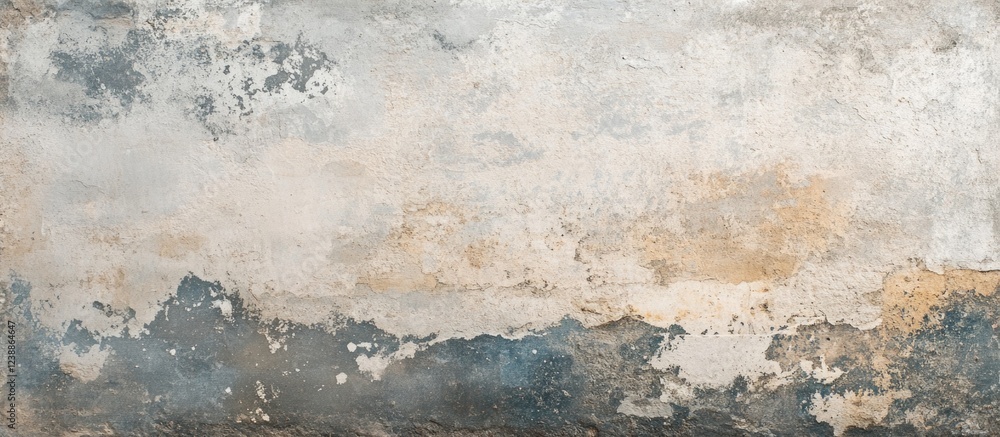 Obraz premium Textured weathered wall surface with peeling paint and color variations in gray, beige, and blue, ideal for backgrounds, with Copy Space.
